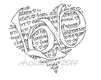 heart shaped love means calligram, digital stamp, clip art, coloring page, line art, valentine, adore, Valentine's day, girlfriend