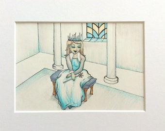 Original 5x7 artwork mixed media, ink and pencil - ice queen, winter art, white blue art, ice castle, cold, home decor, ready to frame