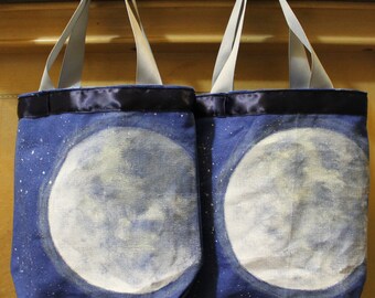 8x8 inch lined tote bag-lunch bag--tablet tote-gift bag-book bag-doll tote-Trick-or-treat bag-hand painted moon-night sky