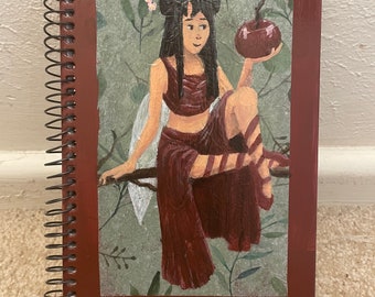 8.5”x5.25” upcycled hand painted, spiral bound lined notebook or journal - cherry fairy