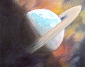 18 x 24 peinture à l’huile d’une planète avec des anneaux sur toile, décoration, art mural, espace, galaxy, ciel nocturne, dortoir décor, idée cadeau