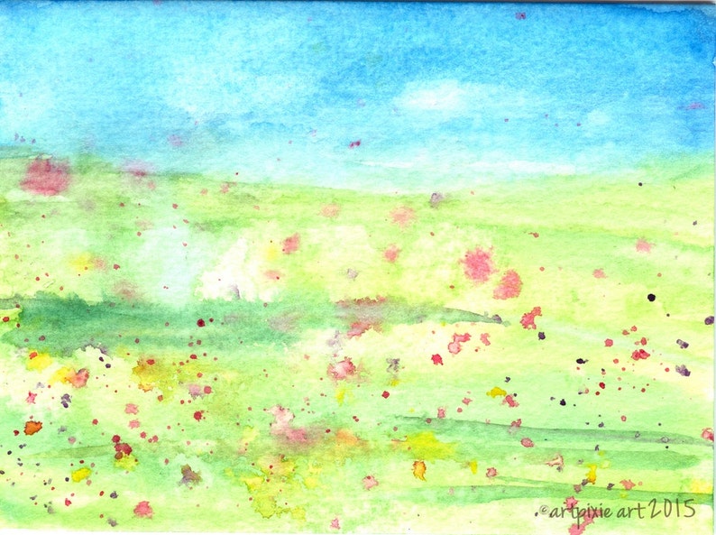 original watercolor field of flowers 5x7 card with envelope, greeting card, blank card, stationary, heavyweight card image 1