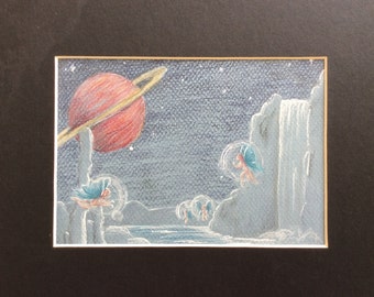 5 x 7 original feutré au crayon de couleur de 8 x 10 et ciel de nuit fée extraterrestre charbon de bois, planetscape, l’espace, art geek nerd, art mural, décor à la maison