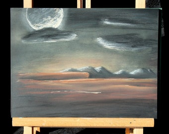 Pastel painting ~ original 9 x 12 ~ sunset and moon ~ frameable art ~ nursery art ~ southwest art ~ night sky ~ sunset ~ original Art