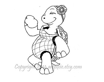 Girl Turtle dancing digistamp,digi or digital stamp, clip art, coloring page