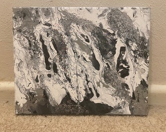 Original 8x10 acrylic pour painting in silver, white and black on canvas - modern abstract art. wall decor, home decor, shelf decor