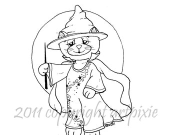 Witchy Gingey the cat digistamps, Digital stamp, clip art, coloring page