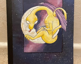 Moon & yellow dragon 7.5" x 9.75" hand-painted upcycled composition notebook. 100 pages, college rules.