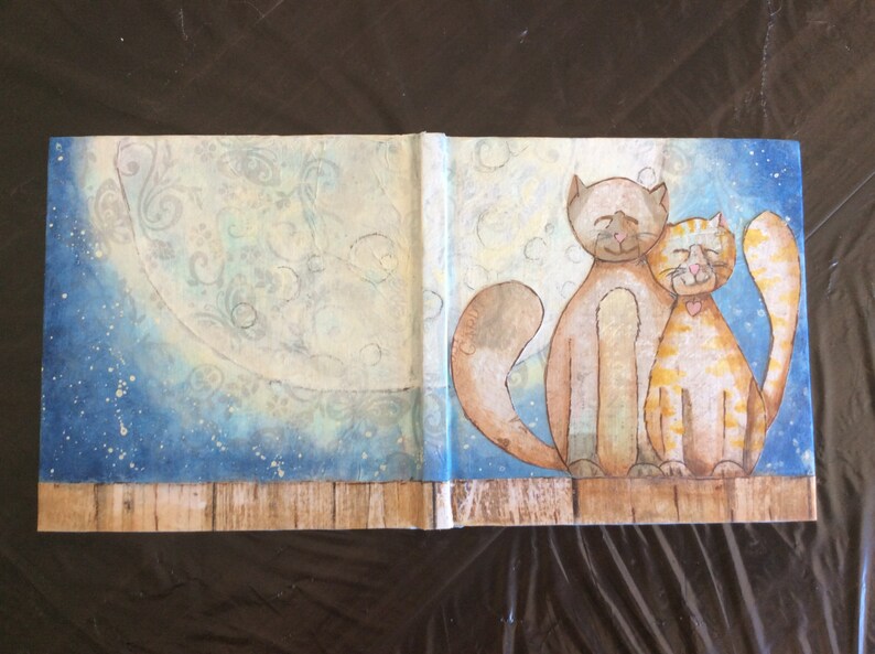 hand painted, mixed media journal, notebook, romantic cats in the moonlight, gift for daughter, mother, girlfriend image 2