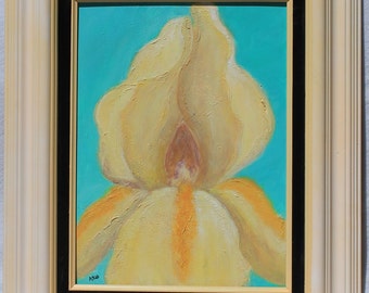 Original painting of yellow and cream iris in upcycled frame