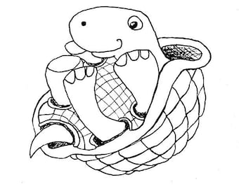 Happy turtle on back ink line drawing, clip art, Digital stamp, Digi stamp, coloring page