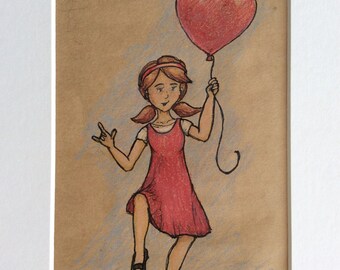 5x7 original colored pencil drawing of a dancing girl holding a heart balloon, valentine, love, cherish, cute love