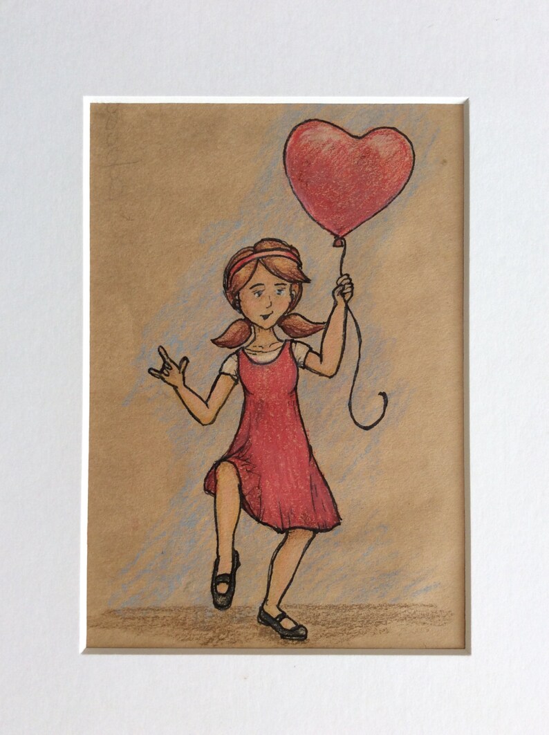 5x7 original colored pencil drawing of a dancing girl holding a heart balloon, valentine, love, cherish, cute love image 1