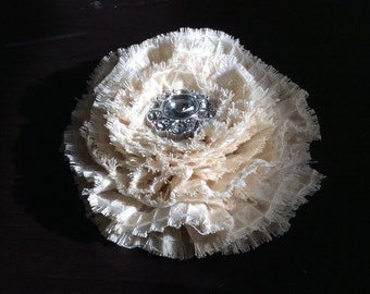 Stocking customizer or brooch - shabby chic frayed ruffle flower with rhinestone button center