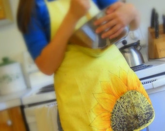 ombre dyed apron with hand painted sunflower with or without red splatters