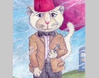 5x7 original watercolor painting "Doctor Who? Doctor Mew" fan art - cat art - gift for mom