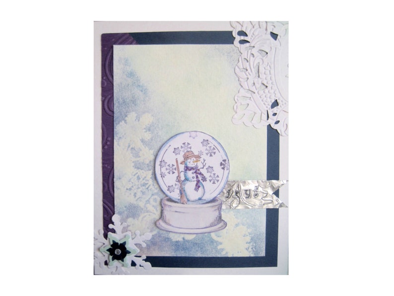 snowman snowglobe blank 5 x6.5 inch card, winter greeting card, blue and white, snowflakes, Joy, friend or co-worker gift, Christmas card image 1