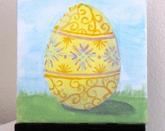 Easter Egg III - 4x4 original acrylic painting on canvas board w/ display easel