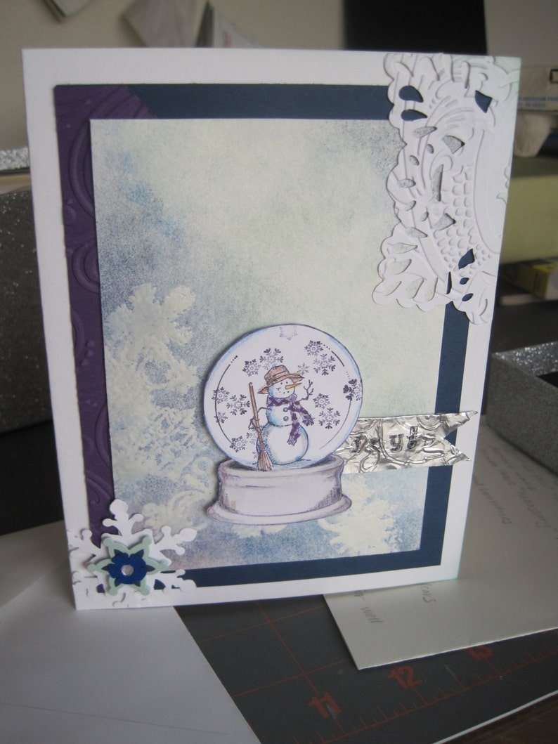 snowman snowglobe blank 5 x6.5 inch card, winter greeting card, blue and white, snowflakes, Joy, friend or co-worker gift, Christmas card image 4