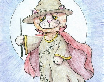 8 x 10 print of Witch Cat - Gingey, a colored pencil illustration, wall art, fine art print, gift idea, gifts for her, gift for cat lover