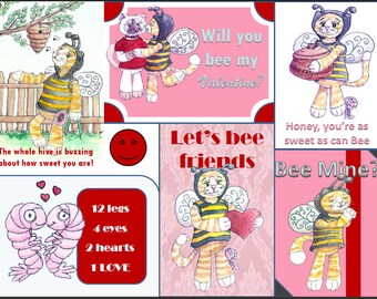 Printable Valentines of of a cat bumblebee, digital stamp, clip art, love, valentine day, holiday, kid valentines, gift idea