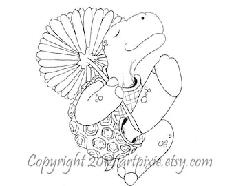 Turtle dancing with a flower digistamp,digi or digital stamp, clip art, coloring page