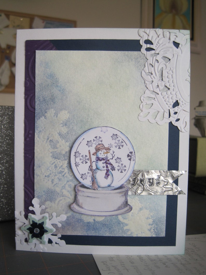 snowman snowglobe blank 5 x6.5 inch card, winter greeting card, blue and white, snowflakes, Joy, friend or co-worker gift, Christmas card image 2