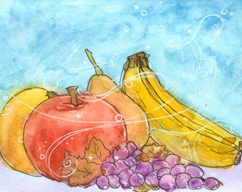5x7 original watercolor fruit still life blank card, greeting card, primary colors
