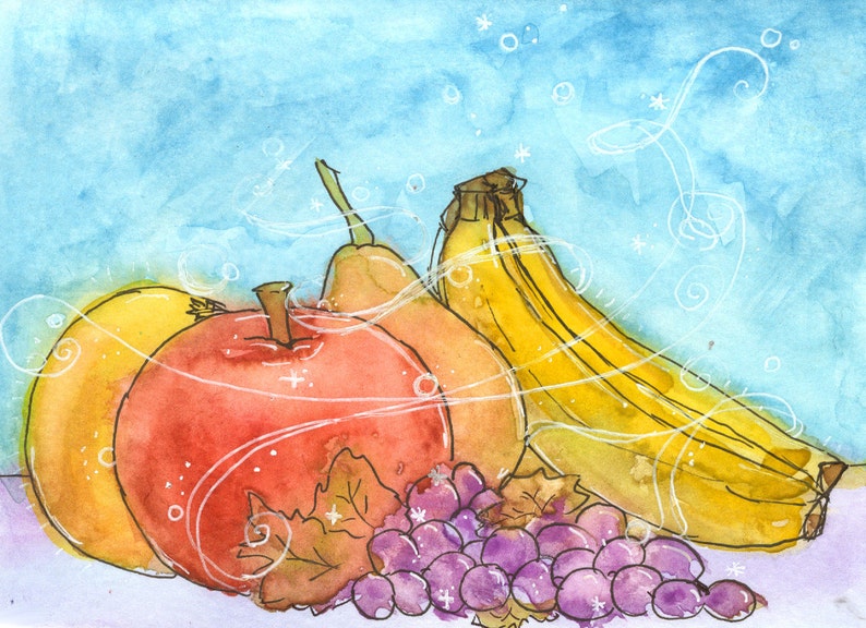 5 x 7 original Aquarell Obst Stillleben leere Karte, Grußkarte, Primärfarben Bild 1