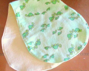 set of 2 flannel burp cloth, reversable figure 8 shaped for skinny shoulders, green turtles and yellow double sided, unisex baby shower gift