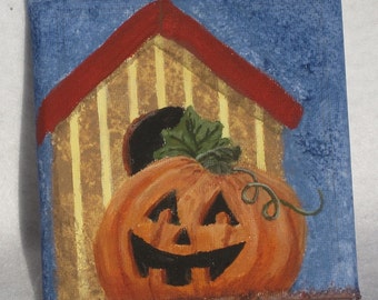 5"x5" original acrylic painting / stretch canvas /mini paintings /pumpkin and birdhouse / stretch canvas / jack-o-lantern art/halloween art