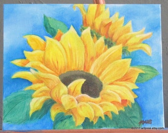 8 x 10 original peinture à l’huile de tournesol sur carton entoilé, art mural, oeuvres originales, artiste, floral, nature morte, art de l’été, bleu et jaune