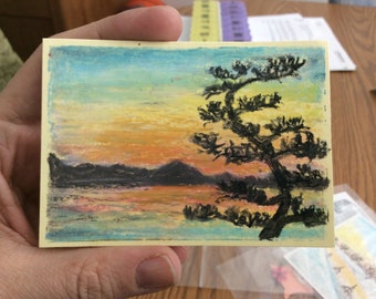 Original oil pastel ACEO 2.5 x3.5 inches. sunset over lake with tree, mini drawing, miniature art, home decor, wall decor, art trading card