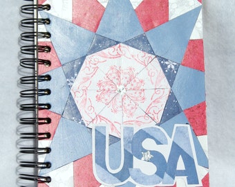 sale** quilt inspired patriotic collage pieced paper upcycled notebook, sketchbook, journal