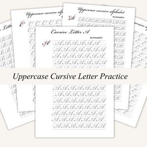 Peut inclure: Plusieurs feuilles de papier blanc avec des exercices d'écriture cursive majuscule. Chaque feuille présente une lettre différente de l'alphabet, avec plusieurs lignes pour s'entraîner. Le texte "Uppercase Cursive Letter Practice" est affiché.