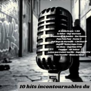 May include: Monochrome image with a retro microphone as the central element. Text includes "Playlist RAP FR (1990-2000)" and a list of song titles. Further text reads "10 hits incontournables du rap français des années 90/2000 pour guitaristes débutants."