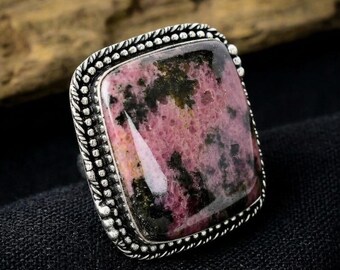 Natural Rhodonite Ring, Large Gemstone , 925 Sterling Silver, Women's Ring