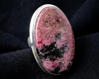 Natural Rhodonite Ring, Large Gemstone , 925 Sterling Silver, Women's Ring