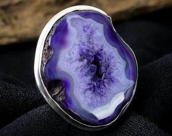 925 Sterling Silver Blue Agate Geode Slice Ring, Natural Druzy Crystal Statement Ring