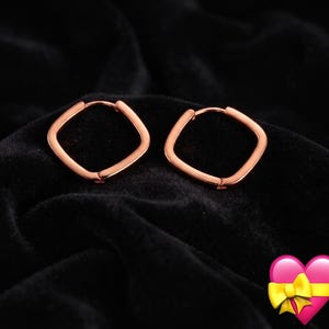 Op de afbeelding: Een paar roségouden oorringen met een opvallende vierkante vorm. De oorbellen hebben een gladde, gepolijste metalen afwerking en een scharniersluiting, wat zorgt voor een strak en geometrisch ontwerp van deze sieraden.