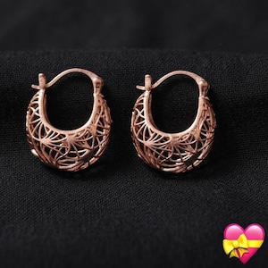 Op de afbeelding: Een paar roségouden oorringen met een ingewikkeld, opengewerkt filigraanontwerp met een webachtig patroon. De oorbellen hebben een gebogen, halfronde vorm en een gepolijste metalen afwerking, met een gedetailleerde rasterstructuur over het geheel.