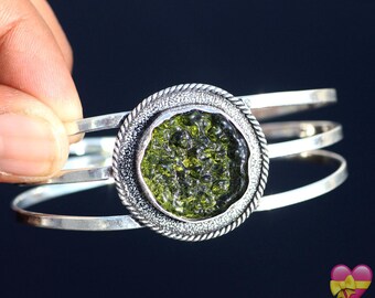 Silver Raw Moldavite Bangle - Bracelet – Wide Adjustable Cuff Gemstone Jewelry