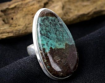 Large Chrysocolla Sterling Silver Ring, Handmade Cocktail Ring 6 1/2