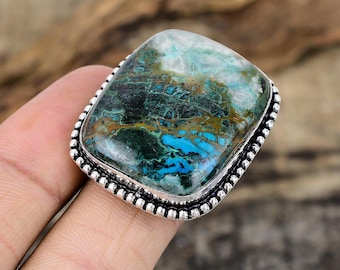 Rectangle Chrysocolla Sterling Silver Ring, Handmade Cocktail Ring