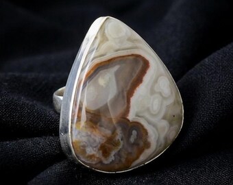 Large Handmade Crazy Lace Agate Ring: 925 Sterling Silver Gemstone