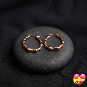 Puede incluir: Un par de pendientes de aro en oro rosa con un diseño segmentado similar al bambú. Los pendientes circulares tienen un acabado metálico pulido y un mecanismo de cierre de bisagra, mostrando una textura distintiva con múltiples segmentos.