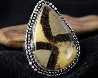 Handmade Yellow Septarian Dragon Stone Sterling Silver Ring: Large Gemstone Cocktail Ring