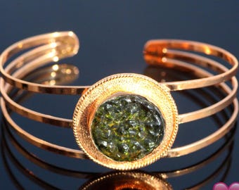 Copper Raw Moldavite Bangle - Bracelet – Wide Adjustable Cuff Gemstone Jewelry