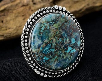 Round Chrysocolla Sterling Silver Ring, Handmade Cocktail Ring