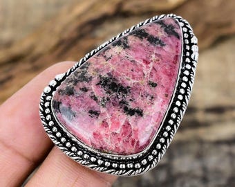 Natural Rhodonite Ring, Wide Gemstone , 925 Sterling Silver, Women's Ring